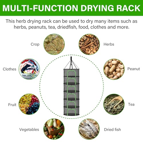iPower Herb Drying Rack 6-Layer 2-Feet Hanging Mesh Net Dryer Collapsible with U-Shape Zippers, Pothook, Carabiner and Storage Pouch, for Hydroponics Flowers, Buds, Fruits, Seafoods, Clothes, New - size: 6-Layer, style: Black U-Zippered New