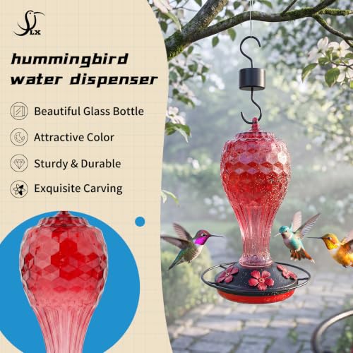 Hummingbird Feeder Colorful Blown Glass Outdoor Hummingbird Feeder with Ant Moat and 5 Feeding Ports for Outdoors Hanging Garden Decor, Bird Lovers (Red-3) - color: Red