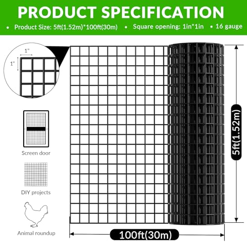 Welded Wire Fencing 1 ‘’x 1‘’ 5ft x 100 ft，Vinyl Coated Welded Wire Mesh Roll,16GA Black PVC Coated Welded Wire Fence,Hardware Cloth for Yard Vegetable Protection Goat & Poultry Netting - size: 5ft*100ft 1″×1″