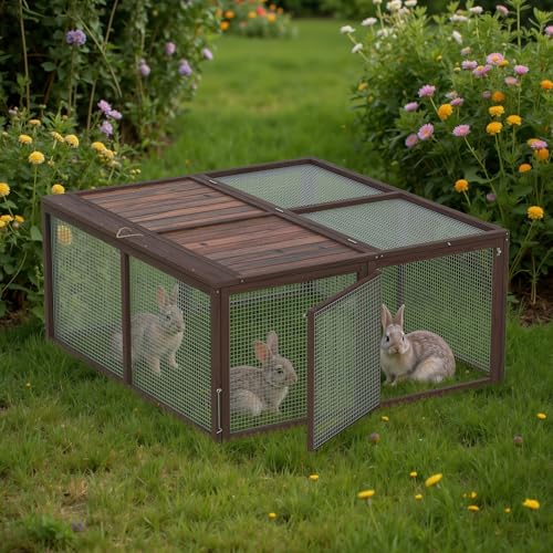 GOJOOASIS Wooden Chicken Coop Portable Rabbit Run Foldable Outdoor Pen | Chicken Playpen for Outside, Duck Enclosure, Small Animal Cage with 2 Accesses & Ventilating Wire, for Garden Backyard - color: Carbonized Wood