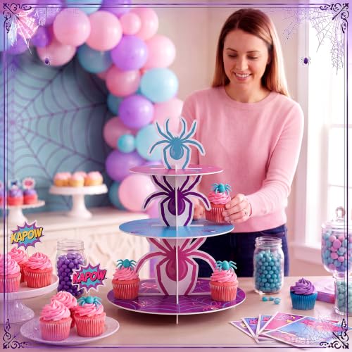 3 Tier Spider Cupcake Stand Decoration Pink Spider Cupcake Tower Purple Blue Spiderweb Table Decoration Hero Theme Dessert Holder Table Display for Hero Birthday Party Baby Shower Supplies - style: Fashional