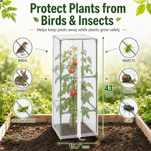 Halatool Garden Tomato Plant Cover Netting, Fits 40–50" Square Tomato Cages | Garden Bird Netting with Zipper & Drawstring, Insect Barrier, Plant Covers from Insects Animals, 2 Pack, 43"×15.7" - color: 2 Pack, size: 43 inch