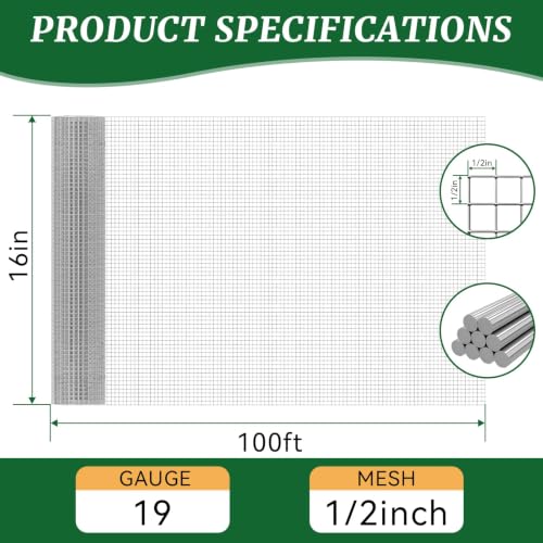 19-Gauge Galvanized Hardware Cloth, 1/2 in Mesh, 16 in x 50 ft | 1/2-inch welded wire mesh roll for chicken coops, garden barriers, tree guards, cage repairs and DIY screens - color: Sliver, size: 1/2in x 16in x 50ft