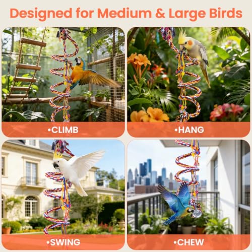 110" Ultra Long Bird Rope Perch Toys for Macaws. Heavy Duty Climbing Swing | For Cockatoos, African Greys, Amazons,Large Bird | Bell & Acrylic Enrichment Chewing Toys| 1''Thick Cotton Rope Spiral Play