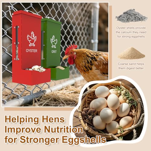2 Pack Chicken Oyster Shell Feeder and Grit Feeder, Heavy Duty Metal Automatic Chicken Feeders with Lid, Gravity-Fed Chicks Food Dispenser Hanging Poultry Feeders for Coop Ducks Pigeons - color: Red + Green