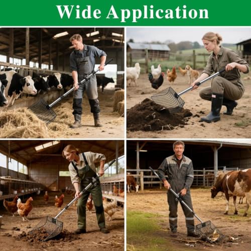 Chicken Poop Scooper & Rake 2-in-1, 25" to 67" | Large Metal Stainless Steel, Chicken Litter Scoop with Handle, Farm Pet Waste Cleaning, Sifting Litter Shovel - size: 11.8"L x 9.5"W x 3.5"H