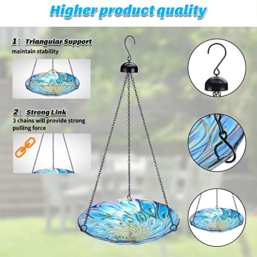 Hanging Glass Bird Bath Peacock Outdoor Birdfeeder Garden Yard Decor | 11-inch Hanging glass bird bath for outdoor bird drinking and bathing creating a beautiful backyard wildlife habitat - color: blue