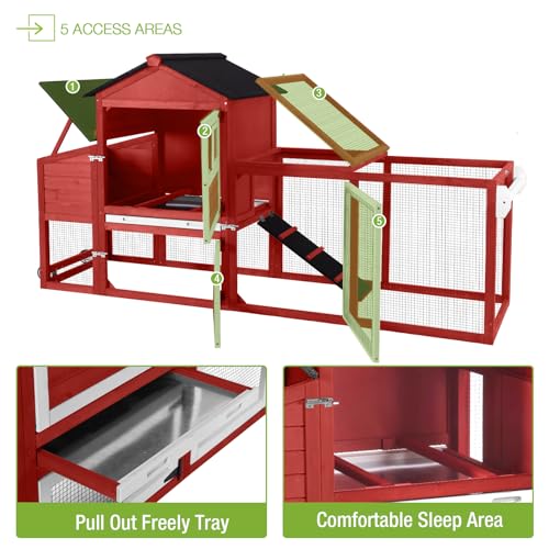 GUTINNEEN Chicken Coop Mobile Hen House On Wheels Easy to Move Wooden Poultry Cage with Nesting Box,Opening Wire Netting Roof,Red - color: Red