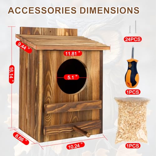 Owl Houses for Outdoors， 16.1x11.8x9.5 inch Large Carbonized Barred Owl Nesting Box, Waterproof & Ventilated Design, Ideal for Owls, Wildlife, Garden Decoration