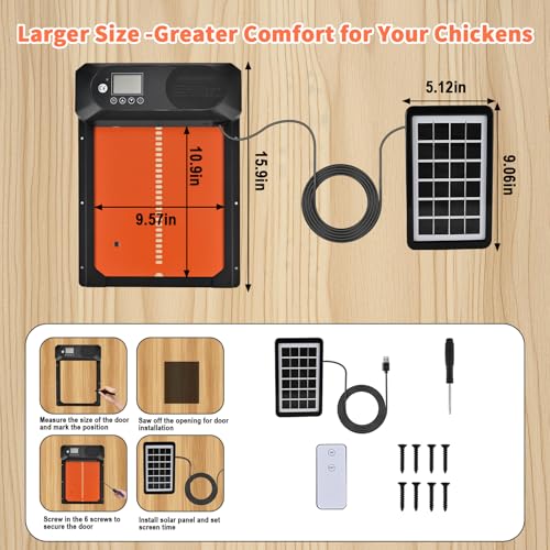 Cieex Automatic Chicken Coop Door Solar Powered with Remote Control & Timer | Large Auto Solar Chicken Door with Light Sensor, Waterproof Chicken Door, LED Display, Anti-Pinch Design for Small Poultry