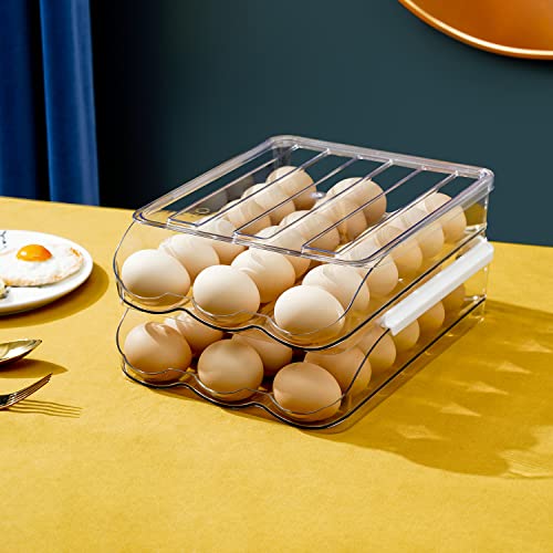 Sooyee 2 Layer Ramp Type Auto Rolling Egg Holder Storage Container for Refrigerator Organizer,Large Egg Container Bin,Clear - size: 2 Layer