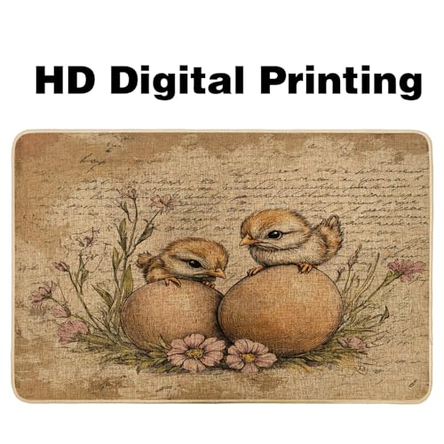 Cute Chickens Welcome Mat, Yellow Hatching Chick Doormat for Spring & Easter Home Decor, Non-Slip Absorbent Indoor & Outdoor Entrance Mat, Easy Maintenance 29x17 Inch