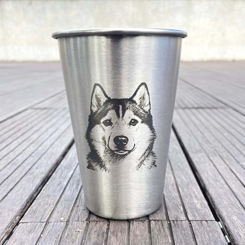 4 Pack 16oz Conical Stainless Steel Cups - Laser Engraved Animals, Stackable Durable Metal Cold Drink Cups for Parties & Outdoor Events (Siberian Husky/German Shepherd/Samoyed/French Bulldog) - color: Dog Set 3