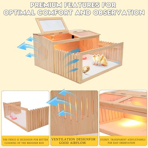 Large Chicken Brooder Box for Chick,Wooden Brooder Box 32" with Bulb Set and Thermometer - Accommodates Up to 25 Chicks-Ideal for Ducks,Quails,Hamsters,and Lizards（32x16x16 Inches）
