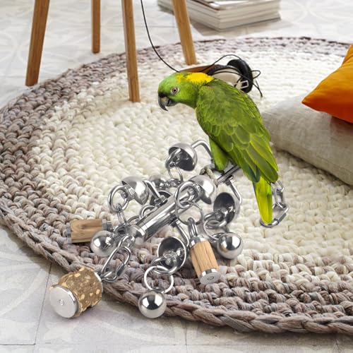 KATUMO Large Bird Toys, Natural Wooden and 304 Stainless Steel Bell Toy for Parrots, 1.46 LB Heavy Birds Cage Toy for Amazon Parrot, African Greys, Budgies, Lovebirds, Cockatiels,Cockatoo - color: Silvery