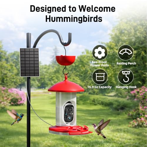 Hummingbird Feeder with Camera Outdoor, 5MP HD Smart Hummingbird Feeder Camera Solar Powered, AI Bird Identification, Ant Moat & Bee Proof, APP Alerts, Hanging or Pole Mount, Gift for Bird Lovers