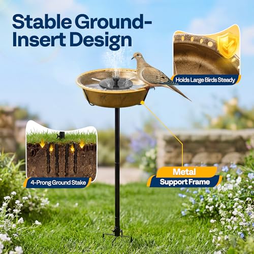 VIVOHOME Bird Bath with Solar Fountain and Metal Ground Stake, Copper | Solar Powered Pump, Weather-Resistant ABS, 1.45-Gallon Capacity, for Outdoor/Garden, Bird-Friendly, Easy to Clean - color: Copper, size: Birdbath with Fountain