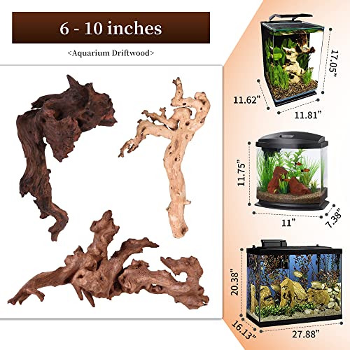majoywoo Natural Driftwood for Aquarium Decor Fish Tank Decor Reptile Decor | Assorted Driftwood Branch, Natural Driftwood for Aquascaping and Reptile Decor - size: Mopani Driftwood 6 to 10 Inch (Pack of 3)
