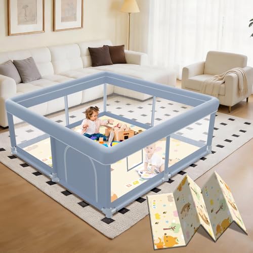XVISHX 50 x 50 Inch Baby Playpen with Mat, Playpen for Babies and Toddlers, Baby Playard for Indoor & Outdoor Active Center Game Fence, with Skin-Friendly Fabric and Soft Breathable Mesh, Grey - size: 50×50 Inch With MAT