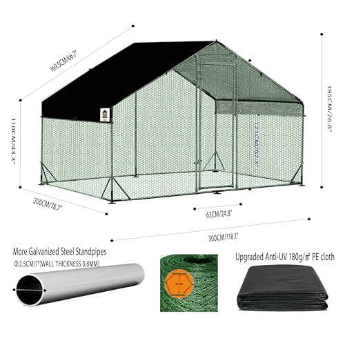 Chicken Runs for Yard with Cover, Metal Chicken Coop, Upgraded Anti-UV 180g/㎡ PE Cloth & 1.1mm Thickened PVC-Coated Hexagonal Chicken Wire Mesh & More Galvanized Steel Standpipes, 6.6×9.8×6.4FT - size: 78.0"L x 118.0"W x 77.0"H