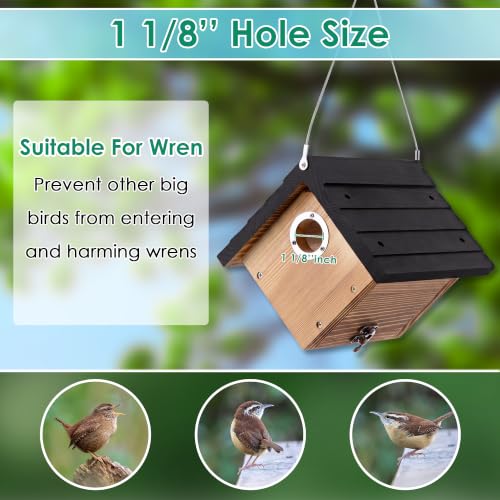 Dreyoo 2 Pack Wren House, 1-1/8'' Entrance Hole Hanging Wooden Wren Bird Houses for Outside with Metal Guard, Air Vents, Pine Wood for Chickadees (Black,Burnt Wood Color) - color: Black, Burnt Wood Color