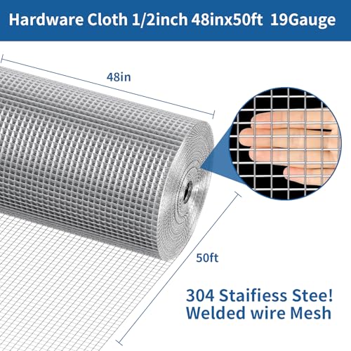 304 Stainless Steel Hardware Cloth 1/2 Inch 19 Gauge Chicken Wire Fence | Welded Wire Mesh Roll for Garden Protection, Rabbit Cage, Squirrel Barrier, Plant Support and DIY Projects (48in×50ft) - size: 1/2inch 48in x50ft