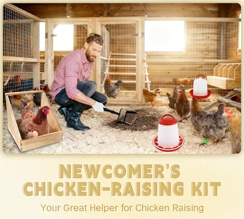 61pcs Novice Home Chicken Farming Set, 2 Pieces Nesting Boxes for Chickens, Coop Scoop for Sand, Chick Feeder and Waterer Set, 6pcs Wooden Eggs for Chicken Coop, 50Pieces Chicken Leg Bands Multicolor