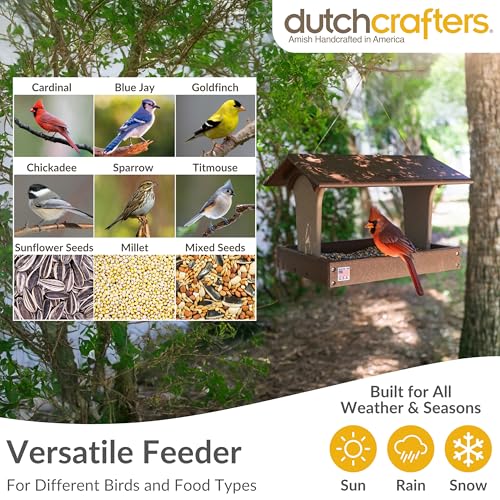 DutchCrafters Plastic Poly Covered Roof Hanging Fly Through Bird Feeder Open Side Platform Seed Tray for Outside Outdoor Garden - Amish American Made in USA (Tudor Brown & Weatherwood) - color: Tudor Brown & Weatherwood