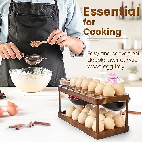 Sishynio 2 Tier Acacia Wood Egg Holder Countertop, 36 Egg Storage Rack | Double Layer Farmhouse Kitchen Egg Tray Organizer; Fresh Egg Storage Rack Basket for Countertop, Fridge, Cabinets and Pantry - style: 2 tier acacia wood egg tray