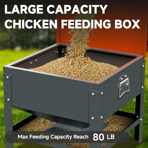 Metal Chicken Feeder with Waterproof Cover, Galvanized Steel Automatic Chicken Feeder, 80 lbs Large Capacity, No Waste Chicken Feeder with Portable Handles, Poultry Feeder for Chickens, Ducks - color: Orange