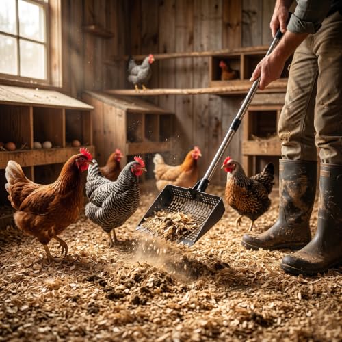 Chicken Poop Scooper & Rake 2-in-1, 10" Stainless Steel Sifting Shovel, Interchangeable Dual Heads, 5-Section Handle 24-68", 3 Angles, Includes Gloves, Heavy Duty Chicken Coop Cleaning Kit