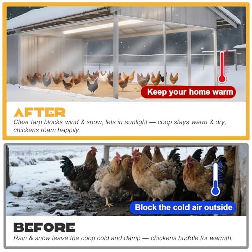 10x20ft 16Mil Chicken Coop Cover for Winter,Thickened Waterproof Clear Tarp | Heavy Duty Waterproof Clear Tarp for Chicken Run Insulation,Chicken Coop Winterizing Vinyl Cover,with Elastic Cords&Rope - size: 10x20ft