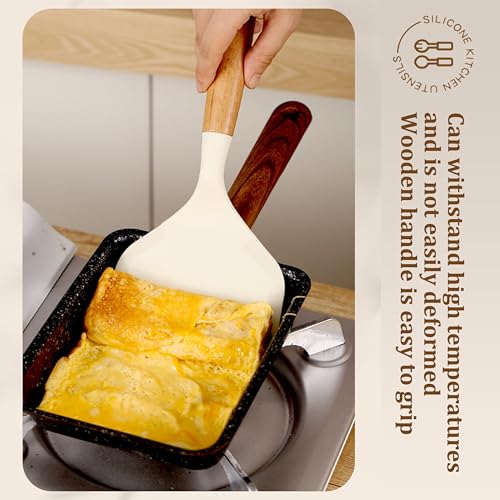 Wide silicone spatula tamagoyaki shovel,Omelette pan turner | for pancakes, eggs, fish, steak and pizza, nonstick cookware, wooden handle (White) - color: White