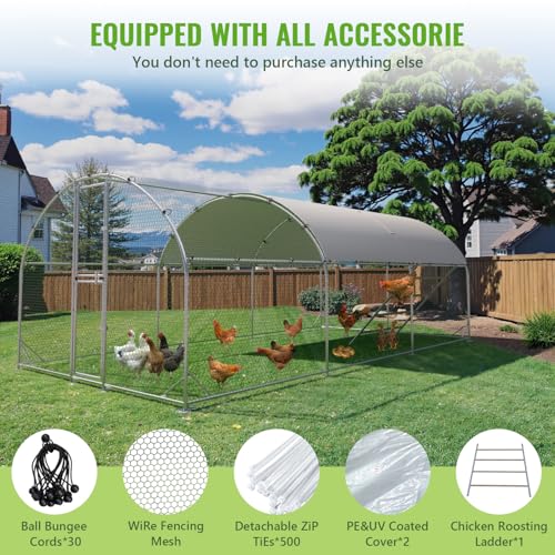 Large Metal Chicken Coop Runs for Yard with Cover, 10x20x6.5 | Perch Bars, Split Doors, Waterproof Covers, Mesh Wire - color: Round Top, size: 236.2"L x 118.1"W x 78.7"H