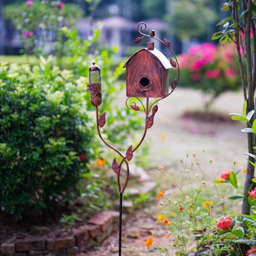 49" Bird Houses for Outside with Pole, Outdoor Metal Birdhouse with Mesh Feeder for Patio, Yard, Garden(Antique Bronze) - style: Cottage(Antique Bronze)