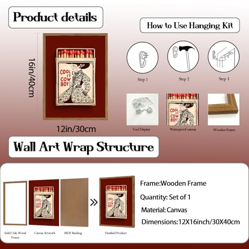 Vintage Western Cowgirl Wall Art Trendy Southwest Cool it Cowboy Matchbox Wall Decor Picture Coastal Cowgirl Poster Canvas Painting Print for Living Room Bedroom 12x16 inch Wood Framed - color: Cowgirl, size: 16"L x 12"W