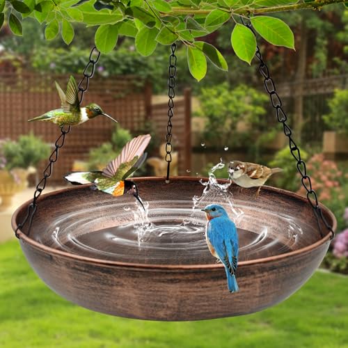 12" Metal Hanging Bird Bath with Chains and Hook | 2" Deep Bowl, 0.7Gal Capacity, 3 Chain Support, Easy Cleaning, Rust Resistant, Garden Decor - size: 12"