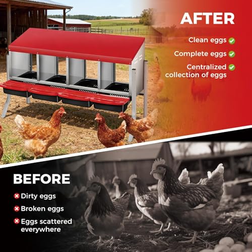 Chicken Nesting Boxes, Heavy-Duty 8-Compartment Metal Chicken Nesting Box – Removable Tray, Ventilation Holes, Easy Egg Collection, Rustproof Galvanized Steel - Red - 4 - Slot - with Legs - color: Red, size: 4 - Slot - With Legs