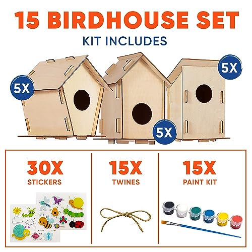 Wooden Birdhouses to Paint - 15 Bulk DIY Bird House Craft Kits for Kids | 15 wrapped unfinished wood kits, each with brush, 6-color strip & guide. Kids 8-12 build, paint and hang them outside - color: 6 Colors Paint