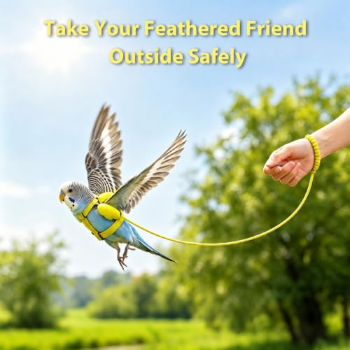 Pet Parrot Bird Harness and Leash, 2m Adjustable Polyester Rope with Cute Wing, Bird Flying Harness for Parrots, Pigeons, Budgerigars, Lovebirds, Cockatiels Outdoor Use - color: Yellow, size: L