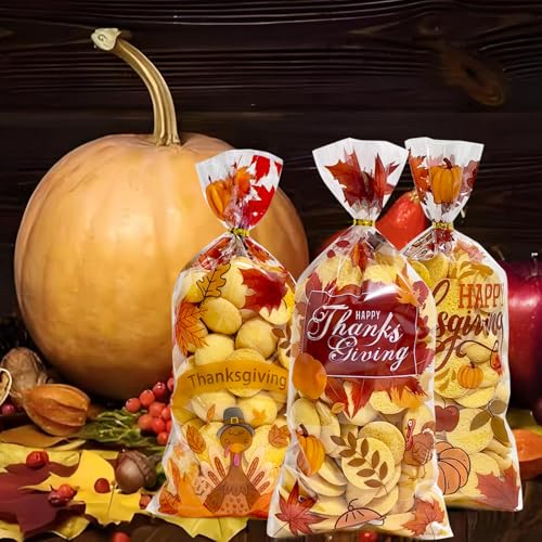 QOIUSO 50PCS Thanksgiving Treat Bags with 60 Twist Ties – Fall Cellophane Gift Bags for Cookies, Candy, Snacks, and Party Favors – Pumpkin, Turkey & Maple Leaf Thanksgiving Goodie Bags for Kids - color: Thanksgving-50pcs