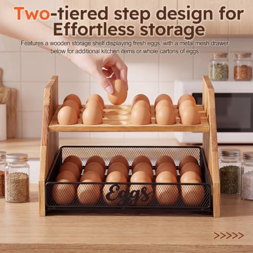 LemonRoad Wooden Egg Holder Fresh Egg Holders with Wire Basket Organizer for Countertop 24+60 Eggs Rustic Kitchen Organizer Basket for Gathering Fresh Chicken/Duck/Quail/Turkey Eggs (Wood Color) - color: Wood Color