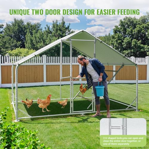 Large Metal Chicken Coop Runs for Yard with Cover, 10x6.5x6.5 | Perch Bars, Split Doors, Waterproof Covers, Mesh Wire - color: Spire Top, size: 118.1"L x 78.7"W x 78.7"H