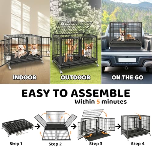 Homey Pet Taller 43" Two Tiers Dog Crate Cage Kennel with Divider, 2 Pack | Commercial Modular Dog Kennel with Dual Front Doors, Divider, Auto Locks, Removable Tray, Bowls for Small and Medium Dogs - size: 43"L - 2 Tiers - 2 Pack