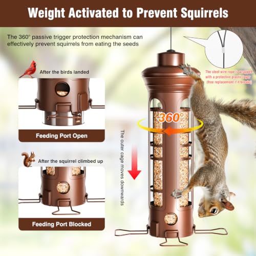 Squirrel Proof Bird Feeder for Outdoors, 360° Weight-Sensitive Activation, Removable Base for Easy Cleaning, 3 Lbs Capacity, 4 Feeding Ports, Tube Metal Bird Feeder for Cardinals, Finches - color: Bronze