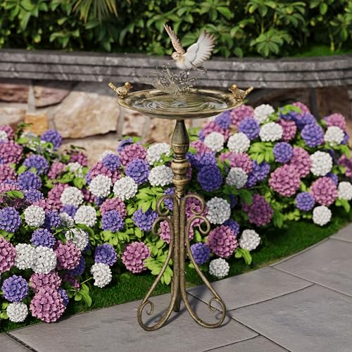 24" Vintage Metal Bird Bath Bowl with Stand | Pedestal Birdbath with Cast Iron Birds, Antique Brass Feeder for Garden, Patio, Backyard & Lawn