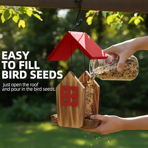 Wooden Hanging Hopper Bird Feeder for Outdoors with Weatherproof Roof Red | Bird House Feeder Attracts Various Wild Birds Cardinals, Bluebirds for Backyard, Yard and Patio Hanging Feeding - color: Red