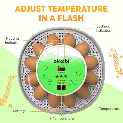 Okkobi M12 Egg Incubator with Automatic Turner and Humidity Control - 12/24 Eggs, 360° View, Easy to Use and Clean - Incubadora de Huevos de Gallina - Made for US - White & Green - color: Green