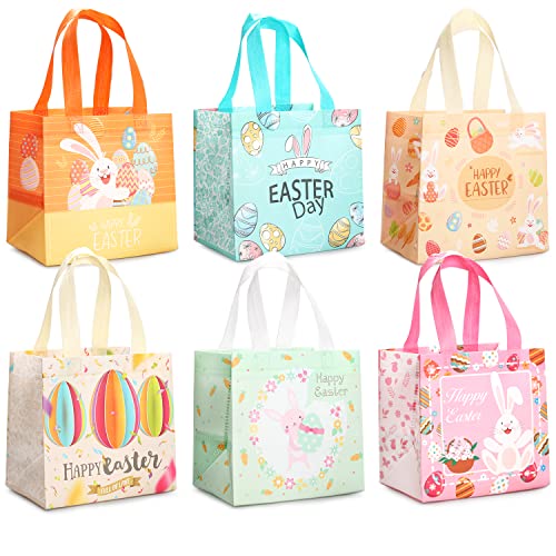 6PCS Happy Easter Egg Hunt Bags Easter Bunny Carrot Chick Egg Gift Bags with Handles, Easter Treat Bags, Multifunctional Non-Woven Bags for Gifts Wrapping, Egg Hunt Game, Easter Party Supplies, - color: 6PCS Blue Green Orange Pink
