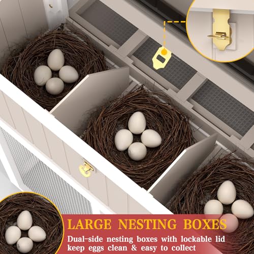 PetsCosset Large Chicken Coop Outdoor with Run, Expandable Hen House, Grey | with Sectionable 4 Nesting Boxes, Rabbit Hutch Poultry Bunny Cage for 2-4 Chickens with 4 Perches, Pull-Out Tray and Ramp
